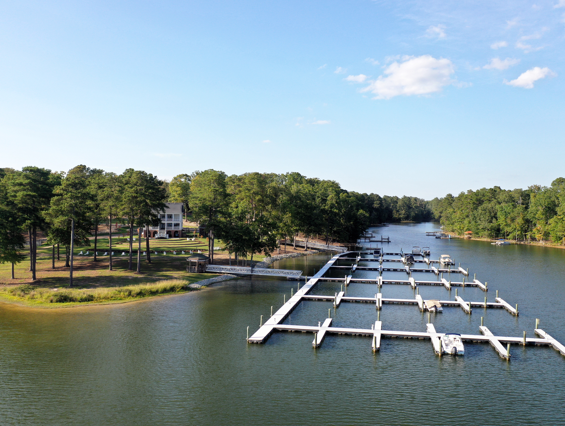 Aerial Views of the Clubhouse from the Lake Overlooking the Marina at Stewart Landing on Lake Murray