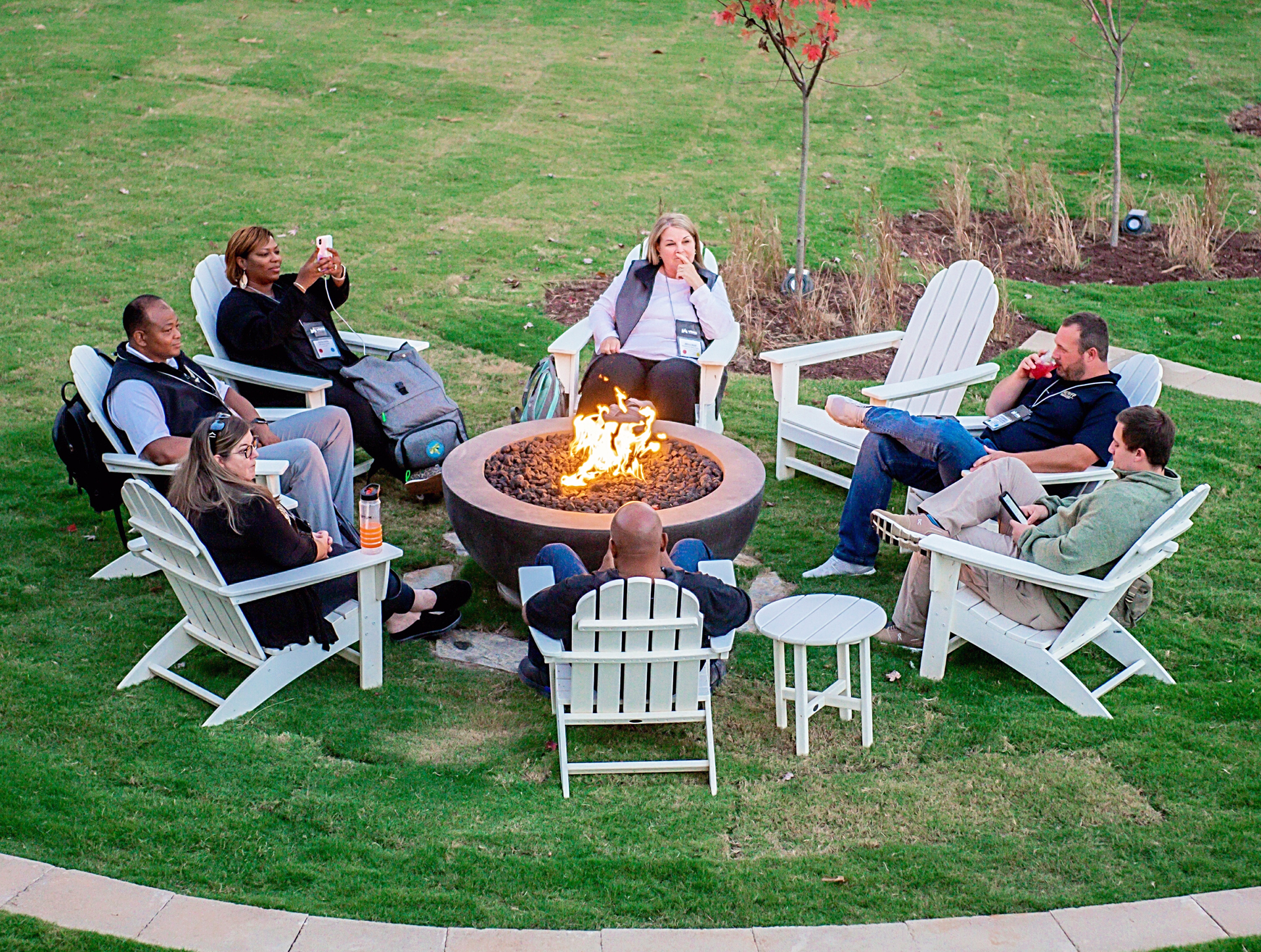 Adirondack Chairs and fire pits await along the amphitheater and edge of the shoreline overlooking the private marina and lake at Stewart Landing on Lake Murray