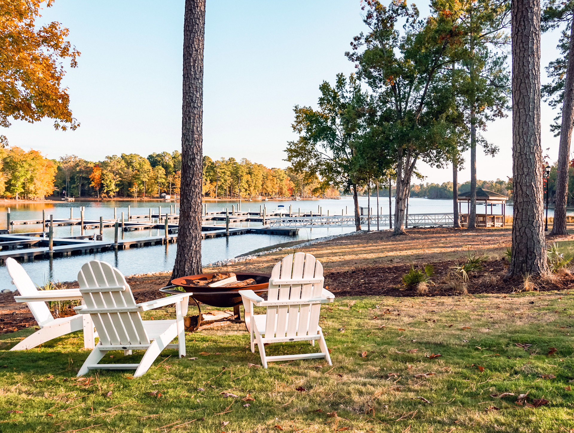 View from the Adirondack Chairs at the Beach Overlooking the Private Marina and Gazebo at Stewart Landing on Lake Murray
